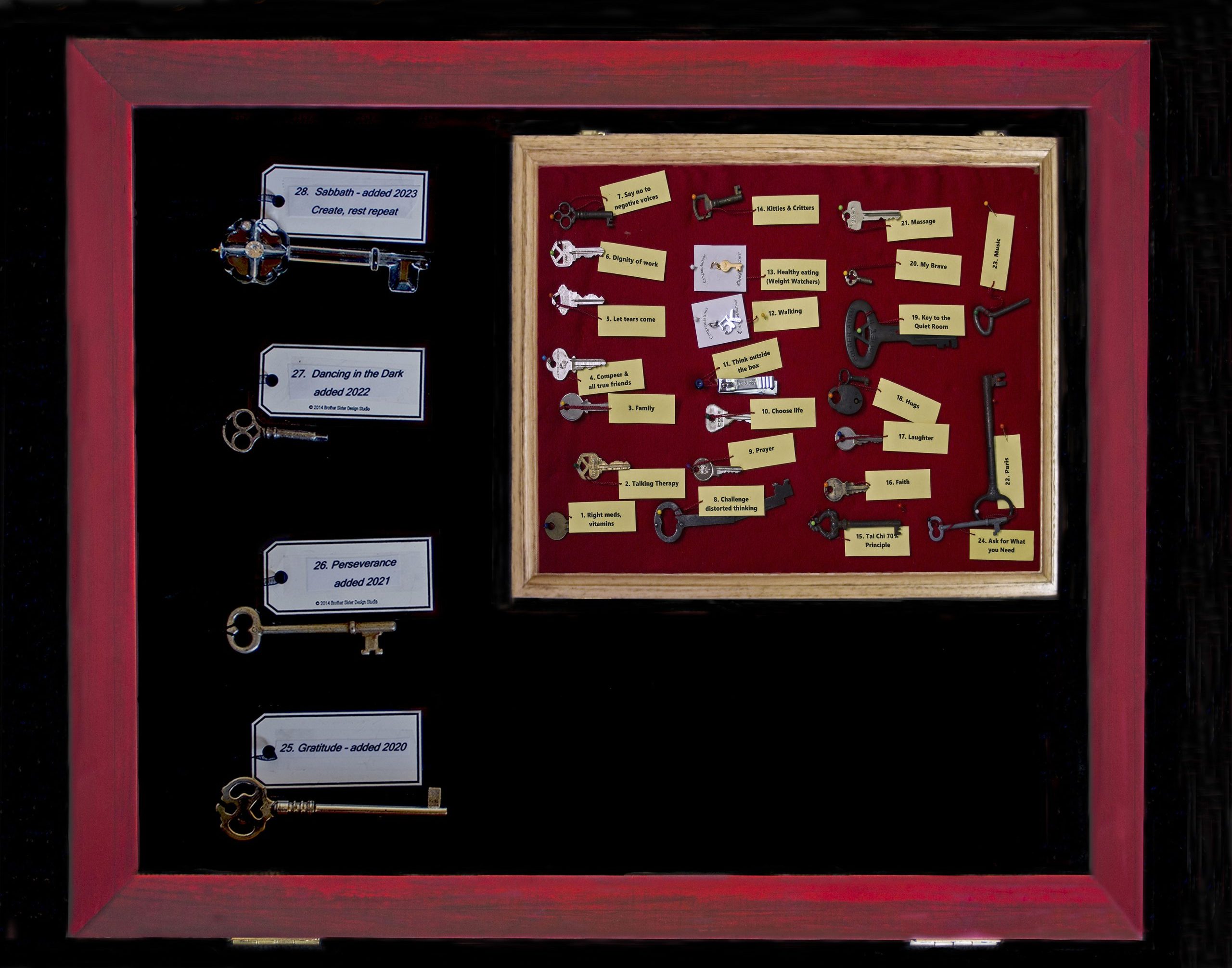 A shadowbox filled with keys marks patterns of grace in a mental health journey.